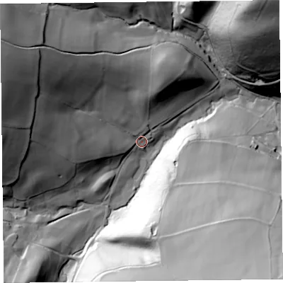 Shaded relief map of the ground around LD82NB, computed from Environment Agency LiDAR. The ground here sits at about 222 m above sea level and falls 94 m across the surrounding 800 m. Surface water reaching this point runs off ground lying to the west-north-west, 70.3 m higher.