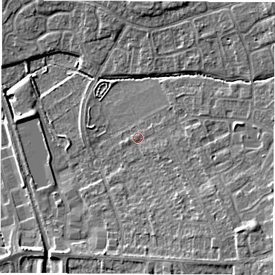 Shaded relief map of the ground around LE100NS, computed from Environment Agency LiDAR. The ground here sits at about 94 m above sea level and falls 10 m across the surrounding 800 m. Surface water reaching this point runs off ground lying to the east-south-east, 1.3 m higher.
