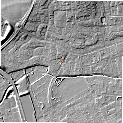 Shaded relief map of the ground around LE100TX, computed from Environment Agency LiDAR. The ground here sits at about 93 m above sea level and falls 14 m across the surrounding 800 m. Surface water reaching this point runs off ground lying to the north-north-east, 8.2 m higher.