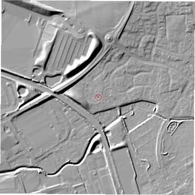 Shaded relief map of the ground around LE100YQ, computed from Environment Agency LiDAR. The ground here sits at about 92 m above sea level and falls 13 m across the surrounding 800 m. Surface water reaching this point runs off ground lying to the west, 5.8 m higher.