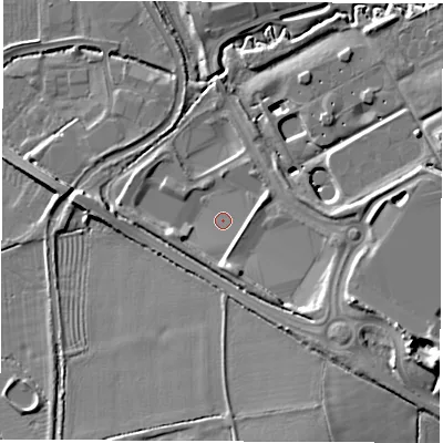 Shaded relief map of the ground around LE103BQ, computed from Environment Agency LiDAR. The ground here sits at about 93 m above sea level and falls 14 m across the surrounding 800 m. Surface water reaching this point runs off ground lying to the south-south-east, 5.5 m higher.
