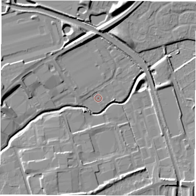 Shaded relief map of the ground around LE103BY, computed from Environment Agency LiDAR. The ground here sits at about 91 m above sea level and falls 11 m across the surrounding 800 m. Surface water reaching this point runs off ground lying to the north-north-east, 0.9 m higher.