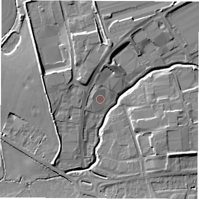 Shaded relief map of the ground around LE103BZ, computed from Environment Agency LiDAR. The ground here sits at about 91 m above sea level and falls 9 m across the surrounding 800 m. Surface water reaching this point runs off ground lying to the north-north-east, 5.4 m higher.