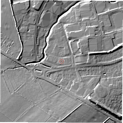 Shaded relief map of the ground around LE103DE, computed from Environment Agency LiDAR. The ground here sits at about 92 m above sea level and falls 10 m across the surrounding 800 m. Surface water reaching this point runs off ground lying to the east-south-east, 1.1 m higher.