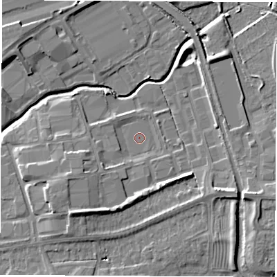 Shaded relief map of the ground around LE103DU, computed from Environment Agency LiDAR. The ground here sits at about 91 m above sea level and falls 9 m across the surrounding 800 m. Surface water reaching this point runs off ground lying to the west-south-west, 4.1 m higher.