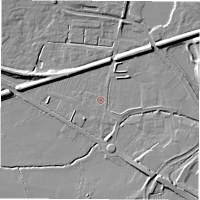 Shaded relief map of the ground around LE103EG, computed from Environment Agency LiDAR. The ground here sits at about 90 m above sea level and falls 12 m across the surrounding 800 m. Surface water reaching this point runs off ground lying to the north-east, 7.8 m higher.