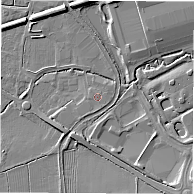 Shaded relief map of the ground around LE103EL, computed from Environment Agency LiDAR. The ground here sits at about 93 m above sea level and falls 13 m across the surrounding 800 m. The ground contributing surface water to this point lies to the south-east.