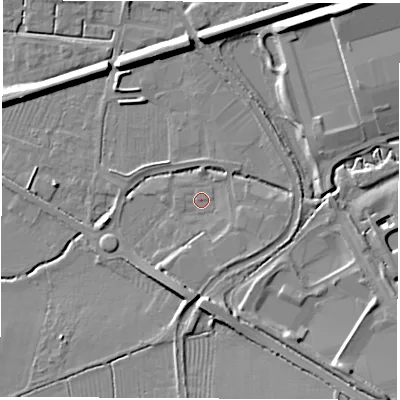 Shaded relief map of the ground around LE103EQ, computed from Environment Agency LiDAR. The ground here sits at about 91 m above sea level and falls 14 m across the surrounding 800 m. Surface water reaching this point runs off ground lying to the south-east, 3.3 m higher.