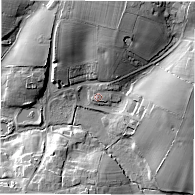 Shaded relief map of the ground around LE103GA, computed from Environment Agency LiDAR. The ground here sits at about 107 m above sea level and falls 21 m across the surrounding 800 m. Surface water reaching this point runs off ground lying to the north-east, 3.8 m higher.