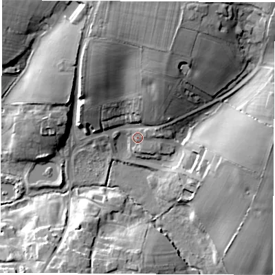Shaded relief map of the ground around LE103JF, computed from Environment Agency LiDAR. The ground here sits at about 107 m above sea level and falls 21 m across the surrounding 800 m. Surface water reaching this point runs off ground lying to the east-north-east, 3.6 m higher.
