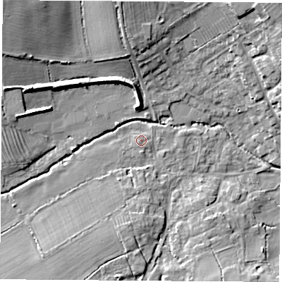 Shaded relief map of the ground around LE103PA, computed from Environment Agency LiDAR. The ground here sits at about 83 m above sea level and falls 16 m across the surrounding 800 m. Surface water reaching this point runs off ground lying to the west-south-west, 1.7 m higher.