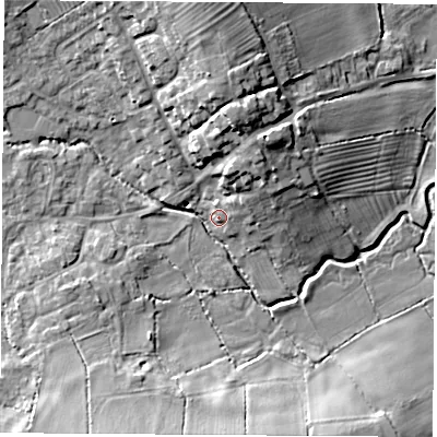 Shaded relief map of the ground around LE103PD, computed from Environment Agency LiDAR. The ground here sits at about 83 m above sea level and falls 16 m across the surrounding 800 m. Surface water reaching this point runs off ground lying to the north, 11.5 m higher.