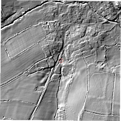 Shaded relief map of the ground around LE103PG, computed from Environment Agency LiDAR. The ground here sits at about 83 m above sea level and falls 16 m across the surrounding 800 m. Surface water reaching this point runs off ground lying to the south-east, 12.0 m higher.