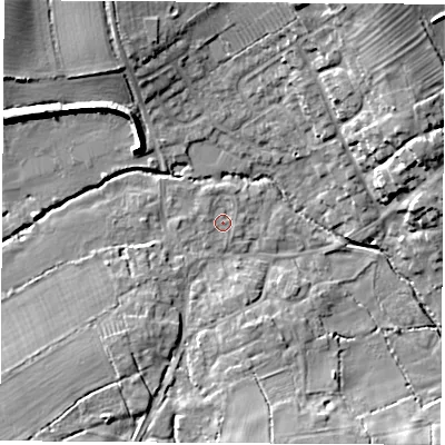 Shaded relief map of the ground around LE103PH, computed from Environment Agency LiDAR. The ground here sits at about 82 m above sea level and falls 17 m across the surrounding 800 m. Surface water reaching this point runs off ground lying to the north-north-west, 1.1 m higher.