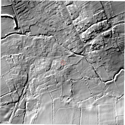 Shaded relief map of the ground around LE103PJ, computed from Environment Agency LiDAR. The ground here sits at about 82 m above sea level and falls 15 m across the surrounding 800 m. Surface water reaching this point runs off ground lying to the south-south-west, 1.7 m higher.