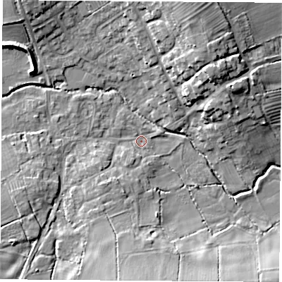 Shaded relief map of the ground around LE103PP, computed from Environment Agency LiDAR. The ground here sits at about 82 m above sea level and falls 16 m across the surrounding 800 m. Surface water reaching this point runs off ground lying to the south-south-west, 7.2 m higher.