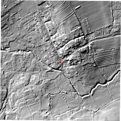 Shaded relief map of the ground around LE103PR, computed from Environment Agency LiDAR. The ground here sits at about 83 m above sea level and falls 17 m across the surrounding 800 m. Surface water reaching this point runs off ground lying to the north-north-east, 10.9 m higher.
