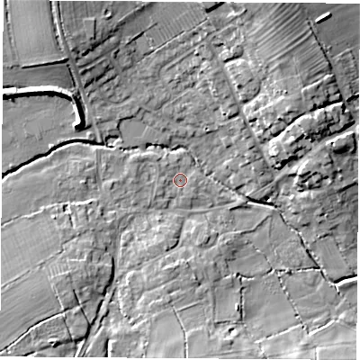 Shaded relief map of the ground around LE103PZ, computed from Environment Agency LiDAR. The ground here sits at about 82 m above sea level and falls 17 m across the surrounding 800 m. Surface water reaching this point runs off ground lying to the north-west, 0.9 m higher.
