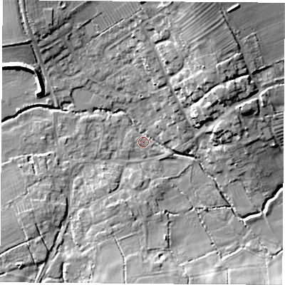 Shaded relief map of the ground around LE103QD, computed from Environment Agency LiDAR. The ground here sits at about 82 m above sea level and falls 17 m across the surrounding 800 m. Surface water reaching this point runs off ground lying to the north-north-east, 14.8 m higher.