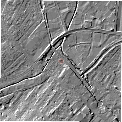 Shaded relief map of the ground around LE111AW, computed from Environment Agency LiDAR. The ground here sits at about 39 m above sea level and falls 9 m across the surrounding 800 m. Surface water reaching this point runs off ground lying to the south, 8.1 m higher.