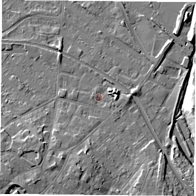 Shaded relief map of the ground around LE111DY, computed from Environment Agency LiDAR. The ground here sits at about 39 m above sea level and falls 12 m across the surrounding 800 m. Surface water reaching this point runs off ground lying to the east, 2.5 m higher.