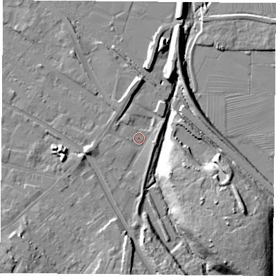 Shaded relief map of the ground around LE111EH, computed from Environment Agency LiDAR. The ground here sits at about 38 m above sea level and falls 15 m across the surrounding 800 m. Surface water reaching this point runs off ground lying to the west-south-west, 3.4 m higher.