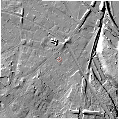 Shaded relief map of the ground around LE111EL, computed from Environment Agency LiDAR. The ground here sits at about 39 m above sea level and falls 13 m across the surrounding 800 m. Surface water reaching this point runs off ground lying to the north-north-east, 2.4 m higher.