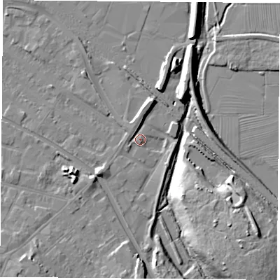 Shaded relief map of the ground around LE111ET, computed from Environment Agency LiDAR. The ground here sits at about 39 m above sea level and falls 15 m across the surrounding 800 m. Surface water reaching this point runs off ground lying to the south-west, 3.9 m higher.