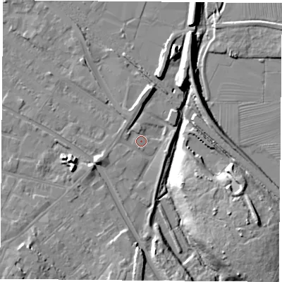 Shaded relief map of the ground around LE111EW, computed from Environment Agency LiDAR. The ground here sits at about 39 m above sea level and falls 15 m across the surrounding 800 m. Surface water reaching this point runs off ground lying to the west-south-west, 3.9 m higher.