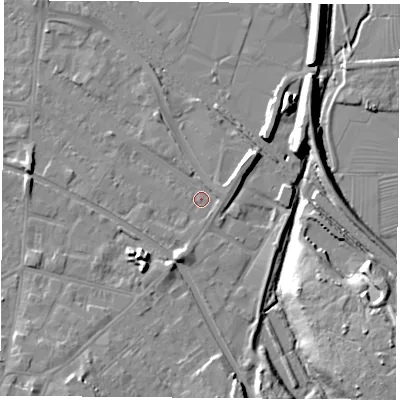 Shaded relief map of the ground around LE111EX, computed from Environment Agency LiDAR. The ground here sits at about 39 m above sea level and falls 15 m across the surrounding 800 m. Surface water reaching this point runs off ground lying to the east-north-east, 2.0 m higher.