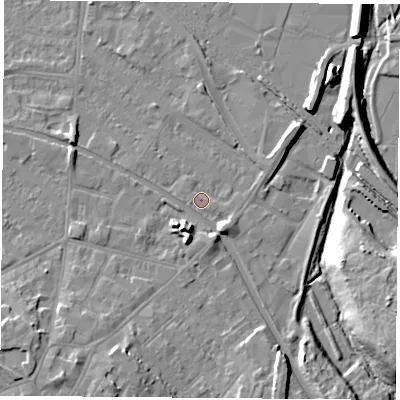 Shaded relief map of the ground around LE111EZ, computed from Environment Agency LiDAR. The ground here sits at about 39 m above sea level and falls 14 m across the surrounding 800 m. Surface water reaching this point runs off ground lying to the south-east, 3.3 m higher.
