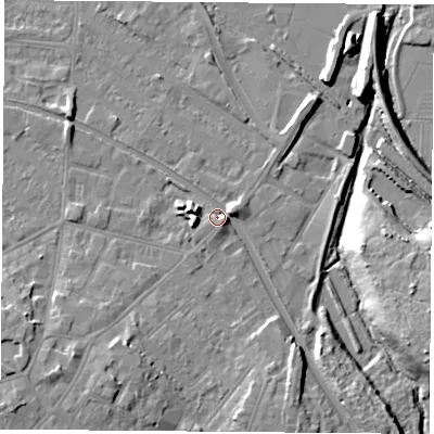 Shaded relief map of the ground around LE111FH, computed from Environment Agency LiDAR. The ground here sits at about 40 m above sea level and falls 14 m across the surrounding 800 m. Surface water reaching this point runs off ground lying to the east-north-east, 3.0 m higher.
