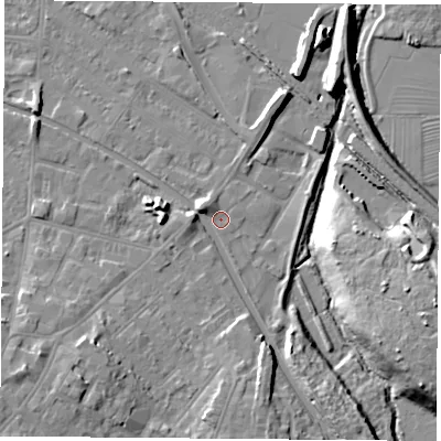 Shaded relief map of the ground around LE111FU, computed from Environment Agency LiDAR. The ground here sits at about 39 m above sea level and falls 15 m across the surrounding 800 m. Surface water reaching this point runs off ground lying to the south-south-east, 4.2 m higher.