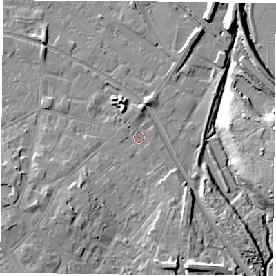 Shaded relief map of the ground around LE111GA, computed from Environment Agency LiDAR. The ground here sits at about 39 m above sea level and falls 14 m across the surrounding 800 m. Surface water reaching this point runs off ground lying to the north, 2.4 m higher.