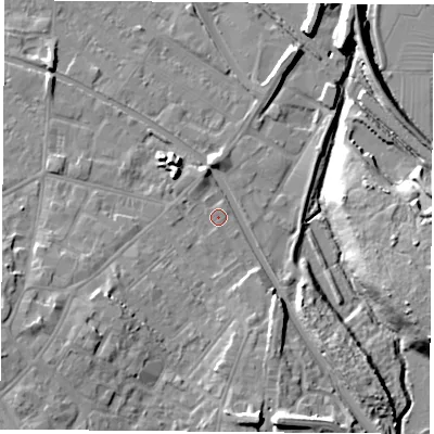 Shaded relief map of the ground around LE111GD, computed from Environment Agency LiDAR. The ground here sits at about 39 m above sea level and falls 14 m across the surrounding 800 m. Surface water reaching this point runs off ground lying to the north-north-west, 2.4 m higher.