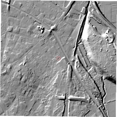 Shaded relief map of the ground around LE111GE, computed from Environment Agency LiDAR. The ground here sits at about 39 m above sea level and falls 15 m across the surrounding 800 m. Surface water reaching this point runs off ground lying to the south-south-east, 2.7 m higher.