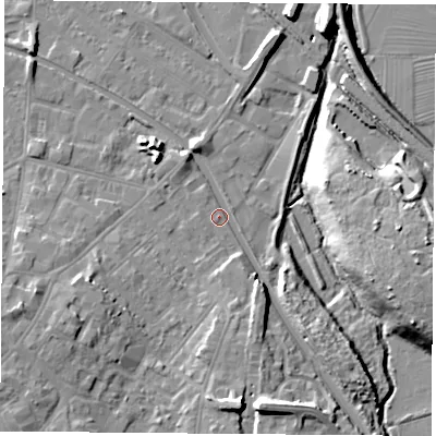 Shaded relief map of the ground around LE111GF, computed from Environment Agency LiDAR. The ground here sits at about 40 m above sea level and falls 15 m across the surrounding 800 m. Surface water reaching this point runs off ground lying to the south, 8.0 m higher.