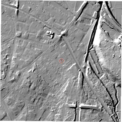 Shaded relief map of the ground around LE111GG, computed from Environment Agency LiDAR. The ground here sits at about 39 m above sea level and falls 14 m across the surrounding 800 m. Surface water reaching this point runs off ground lying to the north, 2.4 m higher.