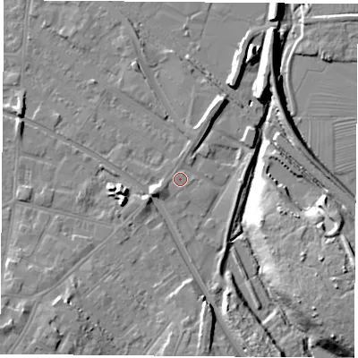 Shaded relief map of the ground around LE111GJ, computed from Environment Agency LiDAR. The ground here sits at about 39 m above sea level and falls 15 m across the surrounding 800 m. Surface water reaching this point runs off ground lying to the west-south-west, 3.9 m higher.