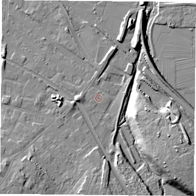 Shaded relief map of the ground around LE111GN, computed from Environment Agency LiDAR. The ground here sits at about 39 m above sea level and falls 15 m across the surrounding 800 m. Surface water reaching this point runs off ground lying to the west, 3.4 m higher.