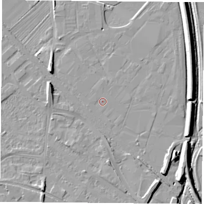 Shaded relief map of the ground around LE111HL, computed from Environment Agency LiDAR. The ground here sits at about 38 m above sea level and falls 9 m across the surrounding 800 m. Surface water reaching this point runs off ground lying to the south-south-east, 0.6 m higher.