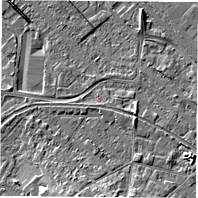 Shaded relief map of the ground around LE111HY, computed from Environment Agency LiDAR. The ground here sits at about 38 m above sea level and falls 8 m across the surrounding 800 m. Surface water reaching this point runs off ground lying to the south, 1.1 m higher.