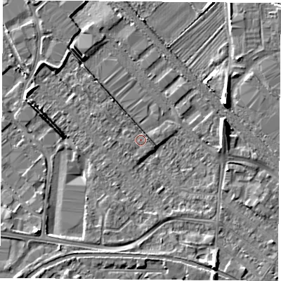 Shaded relief map of the ground around LE111JD, computed from Environment Agency LiDAR. The ground here sits at about 38 m above sea level and falls 8 m across the surrounding 800 m. Surface water reaching this point runs off ground lying to the east-north-east, 1.7 m higher.
