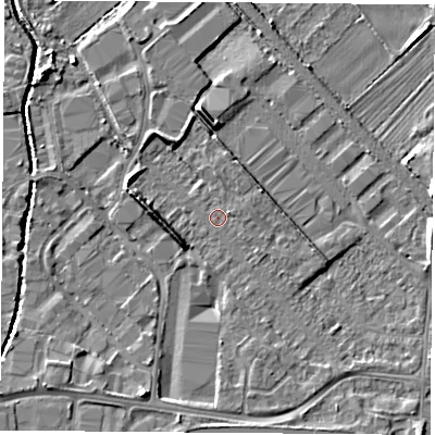 Shaded relief map of the ground around LE111JF, computed from Environment Agency LiDAR. The ground here sits at about 38 m above sea level and falls 8 m across the surrounding 800 m. Surface water reaching this point runs off ground lying to the east, 6.3 m higher.
