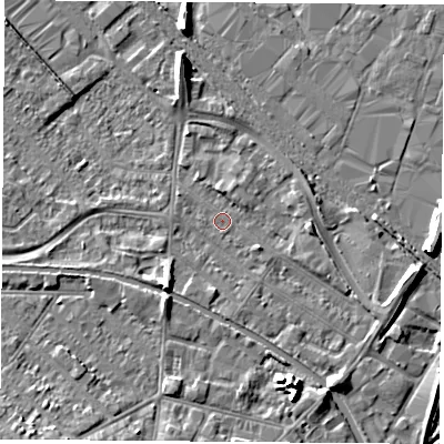 Shaded relief map of the ground around LE111JH, computed from Environment Agency LiDAR. The ground here sits at about 38 m above sea level and falls 8 m across the surrounding 800 m. Surface water reaching this point runs off ground lying to the south-east, 3.6 m higher.