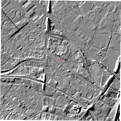 Shaded relief map of the ground around LE111JL, computed from Environment Agency LiDAR. The ground here sits at about 38 m above sea level and falls 8 m across the surrounding 800 m. Surface water reaching this point runs off ground lying to the south-south-east, 3.6 m higher.