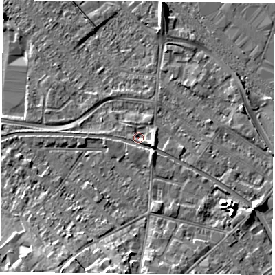 Shaded relief map of the ground around LE111JN, computed from Environment Agency LiDAR. The ground here sits at about 38 m above sea level and falls 9 m across the surrounding 800 m. Surface water reaching this point runs off ground lying to the east-south-east, 3.4 m higher.