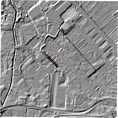 Shaded relief map of the ground around LE111JQ, computed from Environment Agency LiDAR. The ground here sits at about 37 m above sea level and falls 5 m across the surrounding 800 m. Surface water reaching this point runs off ground lying to the west, 4.1 m higher.