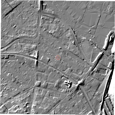 Shaded relief map of the ground around LE111JR, computed from Environment Agency LiDAR. The ground here sits at about 39 m above sea level and falls 11 m across the surrounding 800 m. Surface water reaching this point runs off ground lying to the south-south-west, 0.8 m higher.
