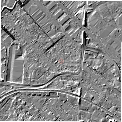 Shaded relief map of the ground around LE111JT, computed from Environment Agency LiDAR. The ground here sits at about 38 m above sea level and falls 7 m across the surrounding 800 m. Surface water reaching this point runs off ground lying to the south-east, 1.4 m higher.